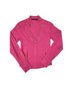Viva Boutique Couture Hot Pink Rhinestone Trim Ruffle Neck Fitted Shirt - Small - Funkify