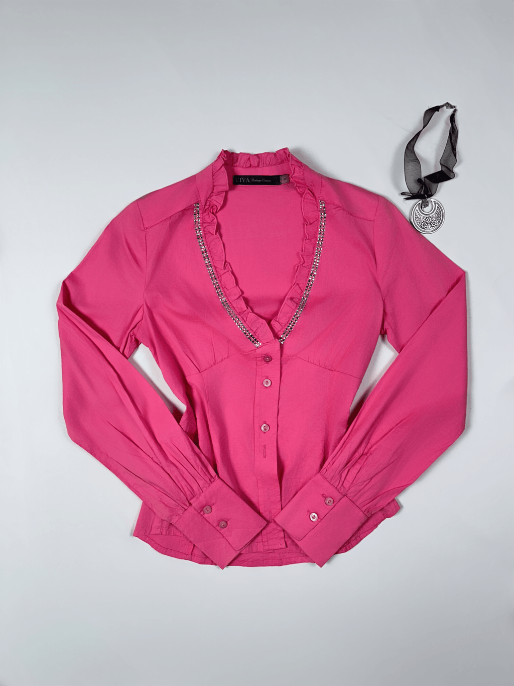 Viva Boutique Couture Hot Pink Rhinestone Trim Ruffle Neck Fitted Shirt - Small - Funkify
