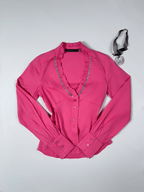 Viva Boutique Couture Hot Pink Rhinestone Trim Ruffle Neck Fitted Shirt - Small - Funkify