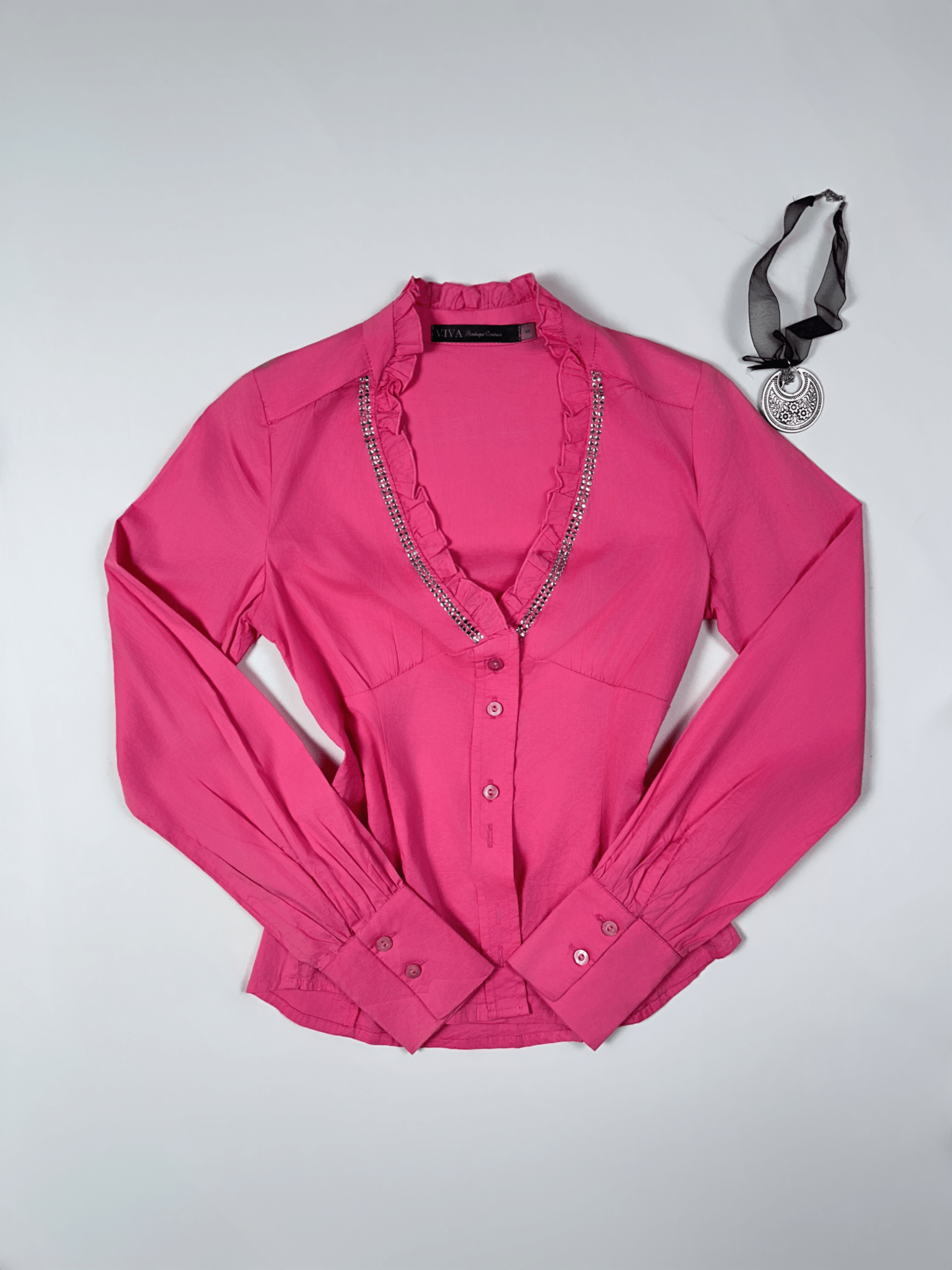 Viva Boutique Couture Hot Pink Rhinestone Trim Ruffle Neck Fitted Shirt - Small - Funkify