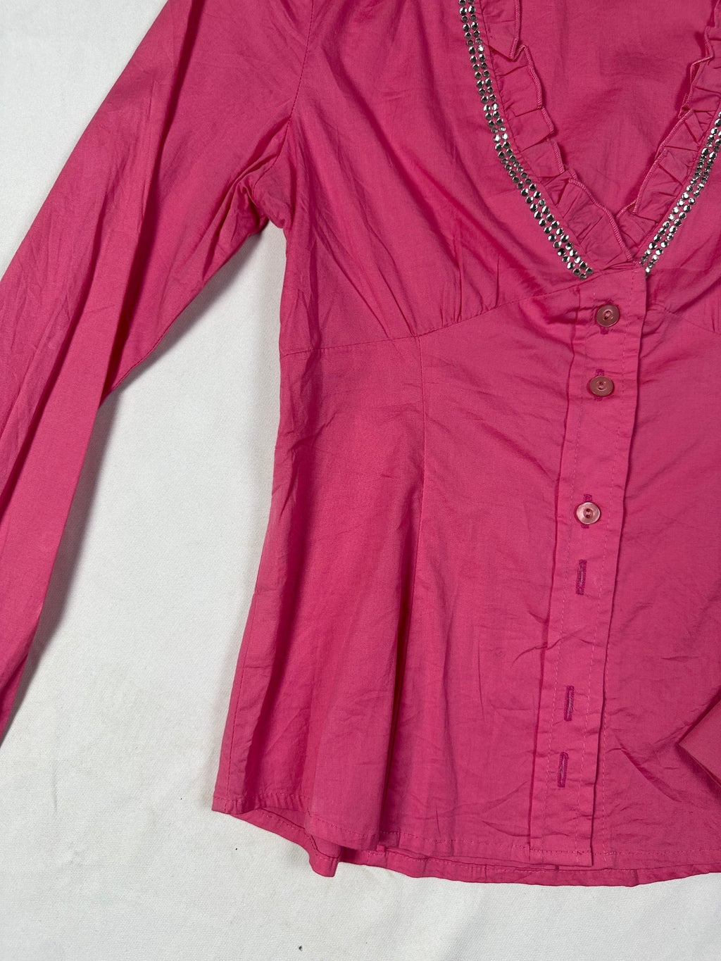 Viva Boutique Couture Hot Pink Rhinestone Trim Ruffle Neck Fitted Shirt - Small - Funkify