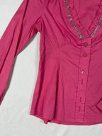 Viva Boutique Couture Hot Pink Rhinestone Trim Ruffle Neck Fitted Shirt - Small - Funkify