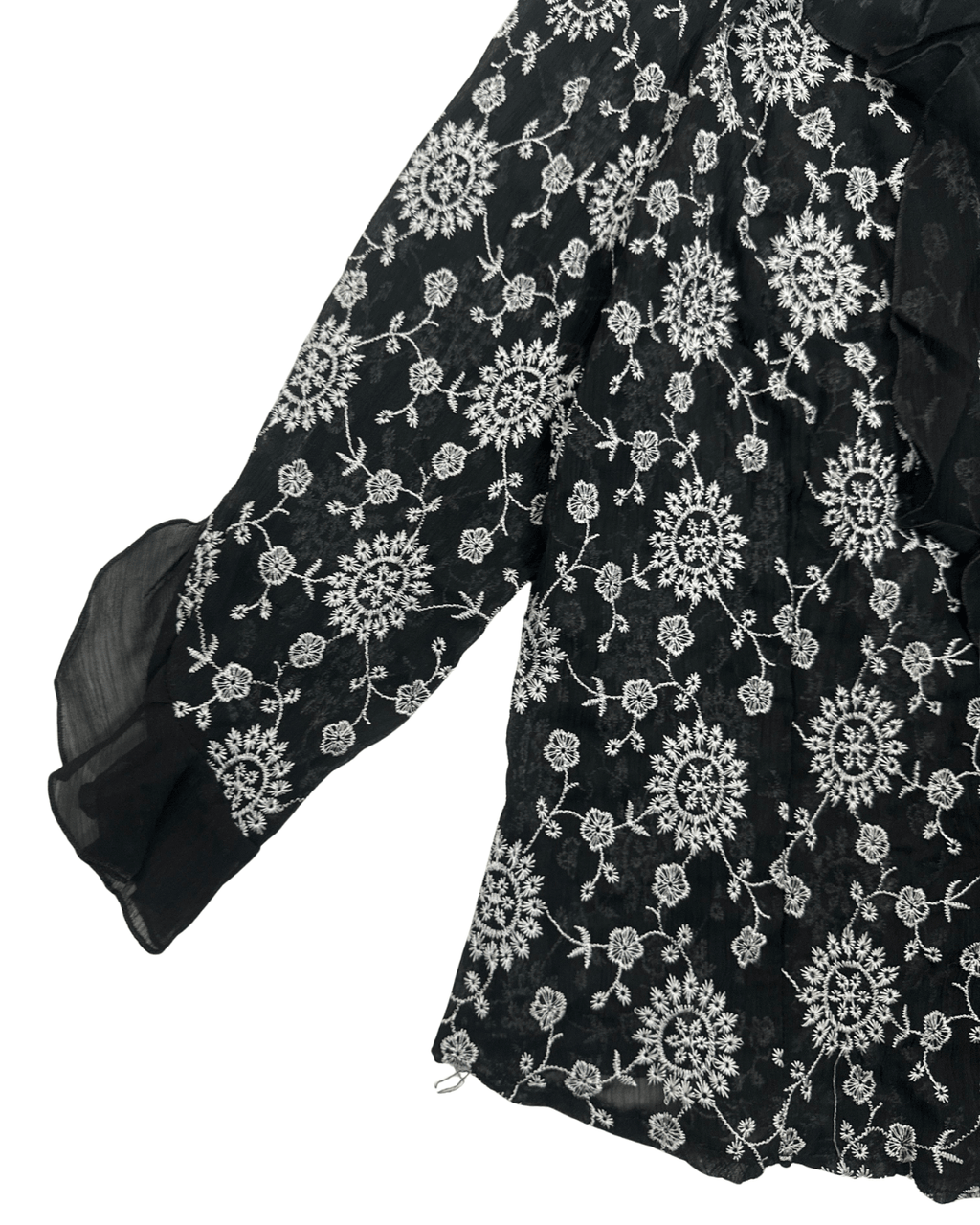 Y2K Babel Sheer Floral Embroidered Ruffle Blouse - Funkify