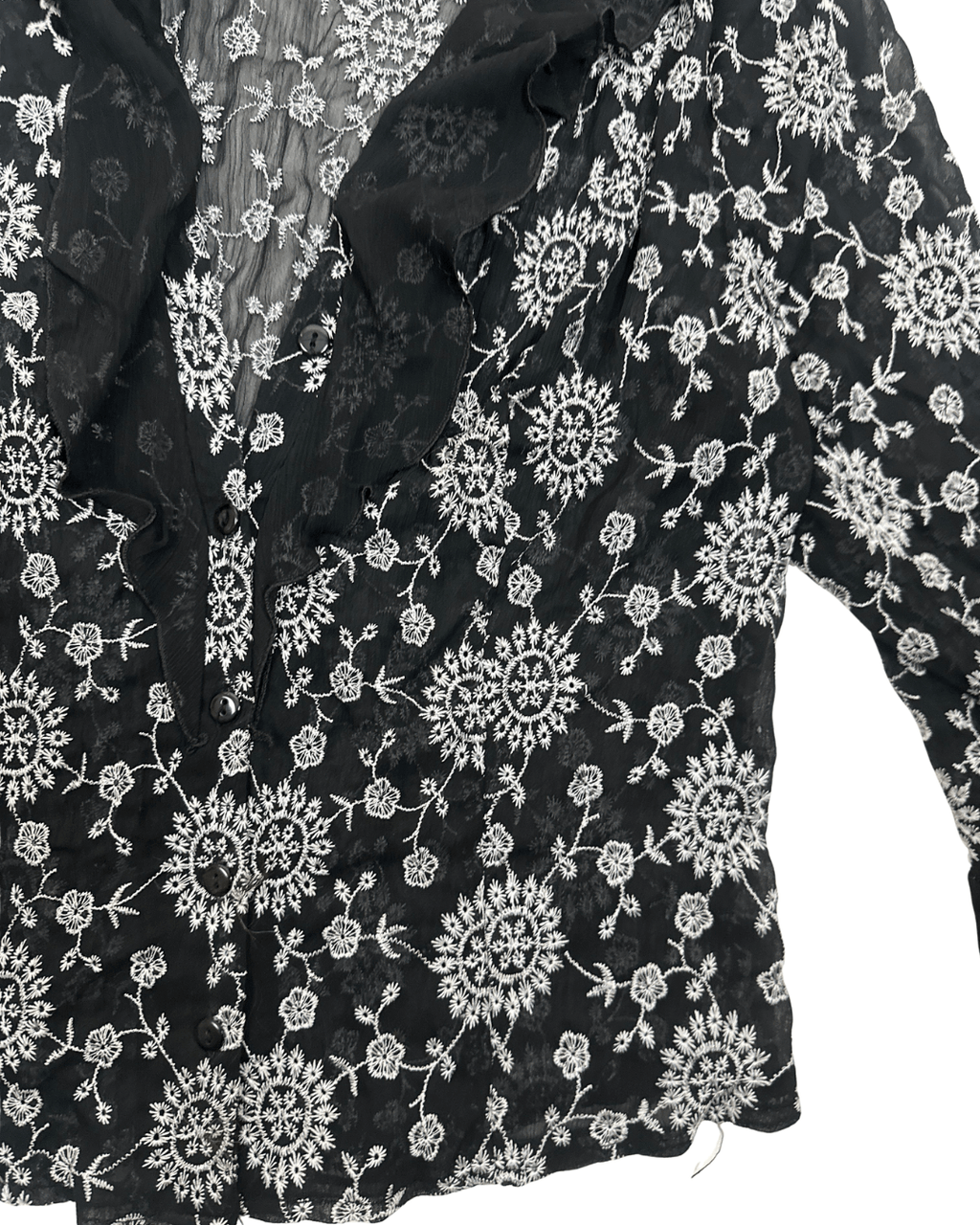 Y2K Babel Sheer Floral Embroidered Ruffle Blouse - Funkify