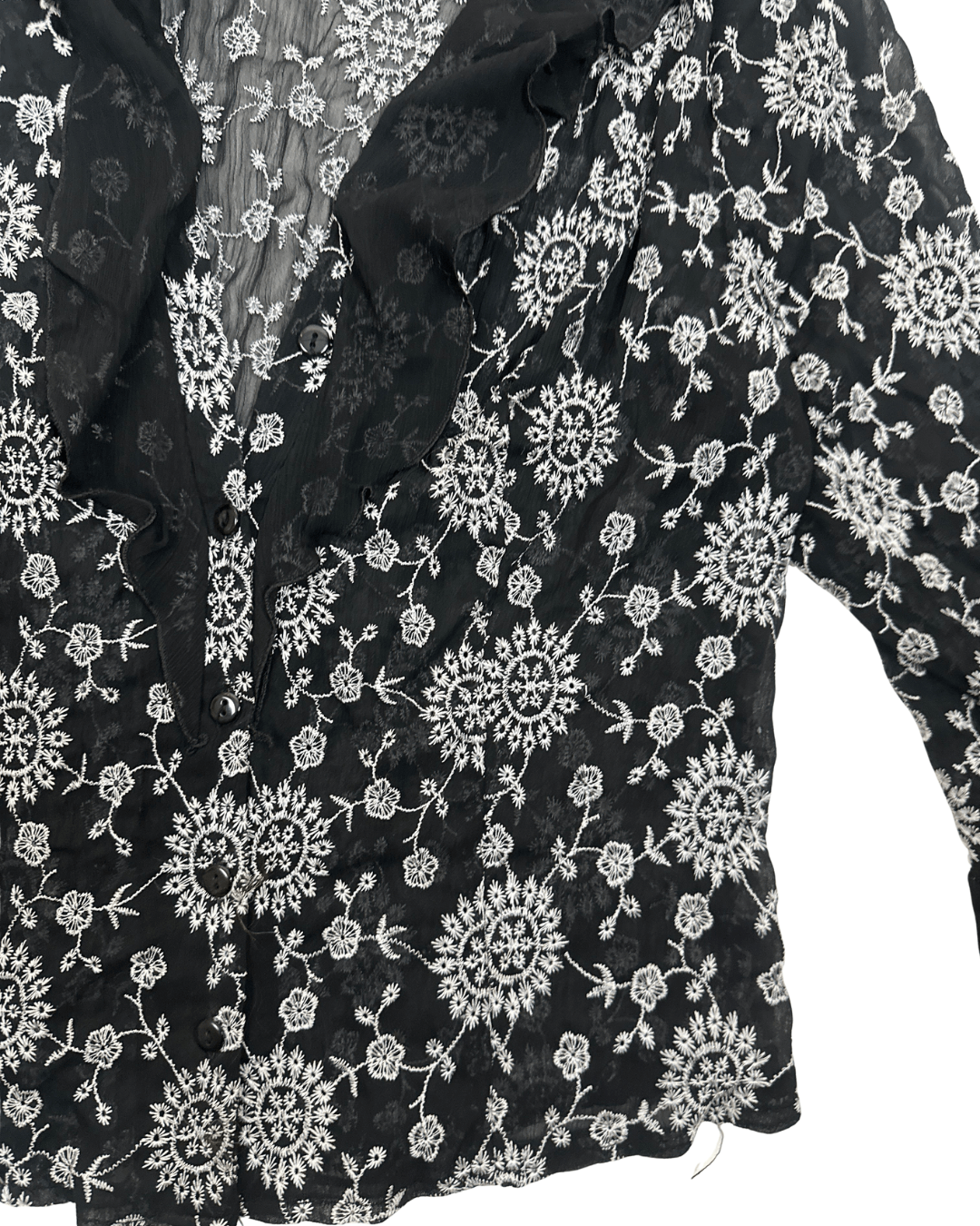 Y2K Babel Sheer Floral Embroidered Ruffle Blouse - Funkify