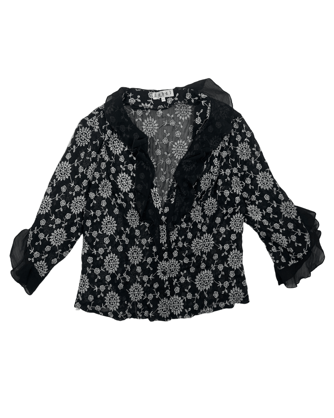 Y2K Babel Sheer Floral Embroidered Ruffle Blouse - Funkify