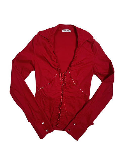 Y2K Bella Sigma Red Lace Up Corset Blouse - Funkify