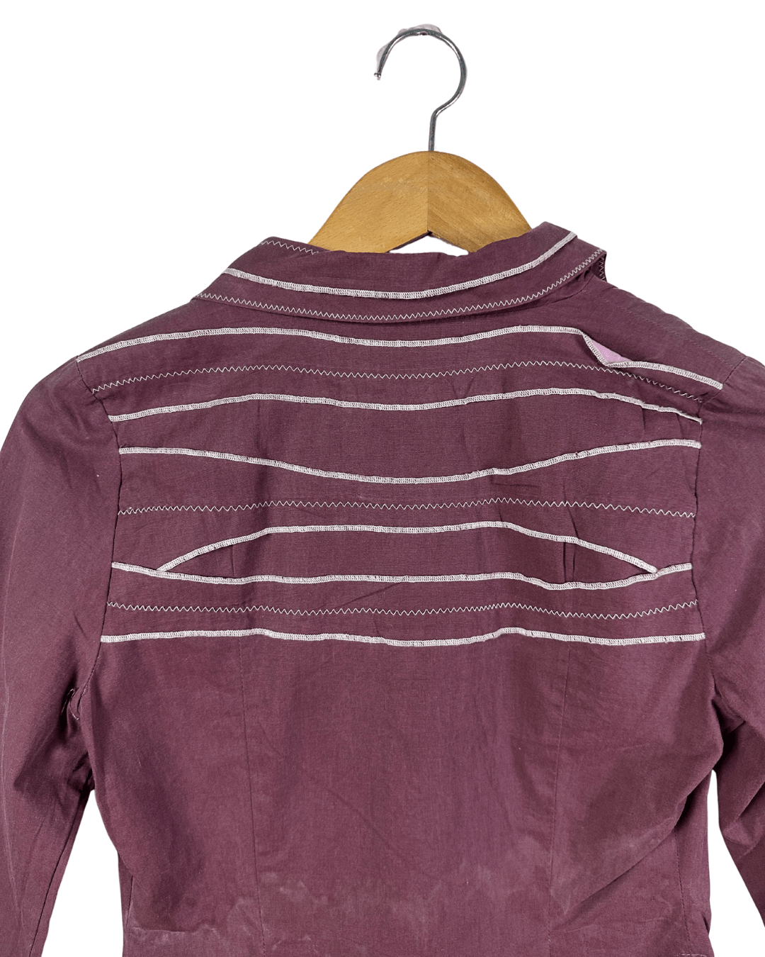 Y2K Burgundy Stitch Detail Fitted Shirt with Wooden Buttons Small - Funkify