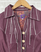 Y2K Burgundy Stitch Detail Fitted Shirt with Wooden Buttons Small - Funkify