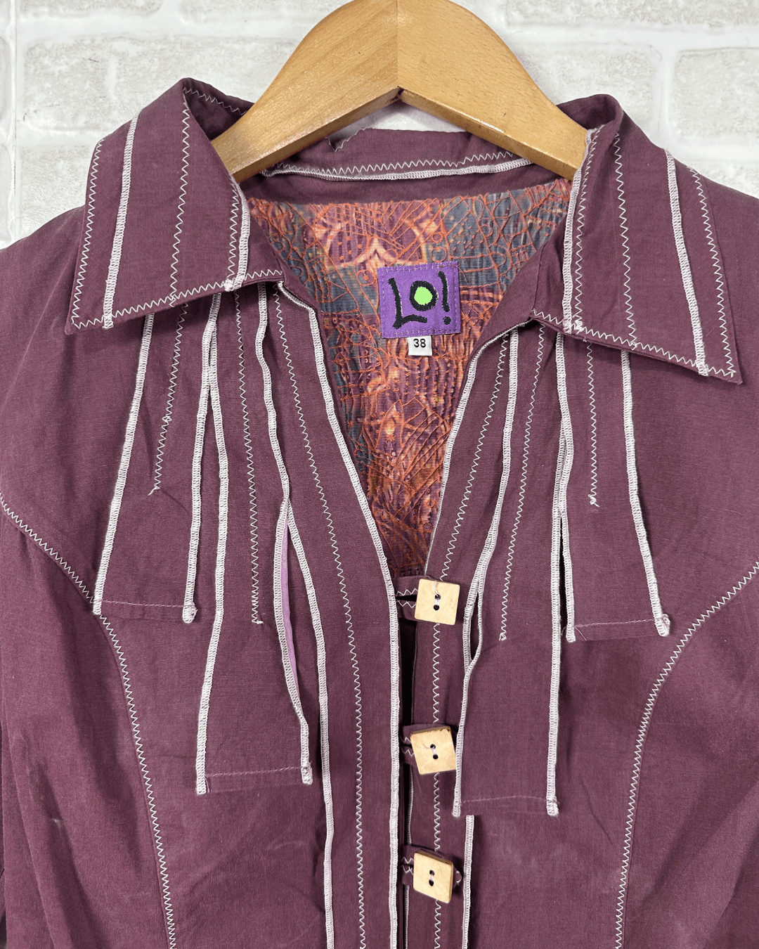 Y2K Burgundy Stitch Detail Fitted Shirt with Wooden Buttons Small - Funkify