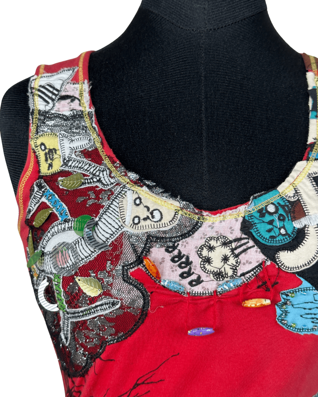 Y2K Duo Duo Artistic Tank with Lace & Beaded Patchwork Details Small - Funkify