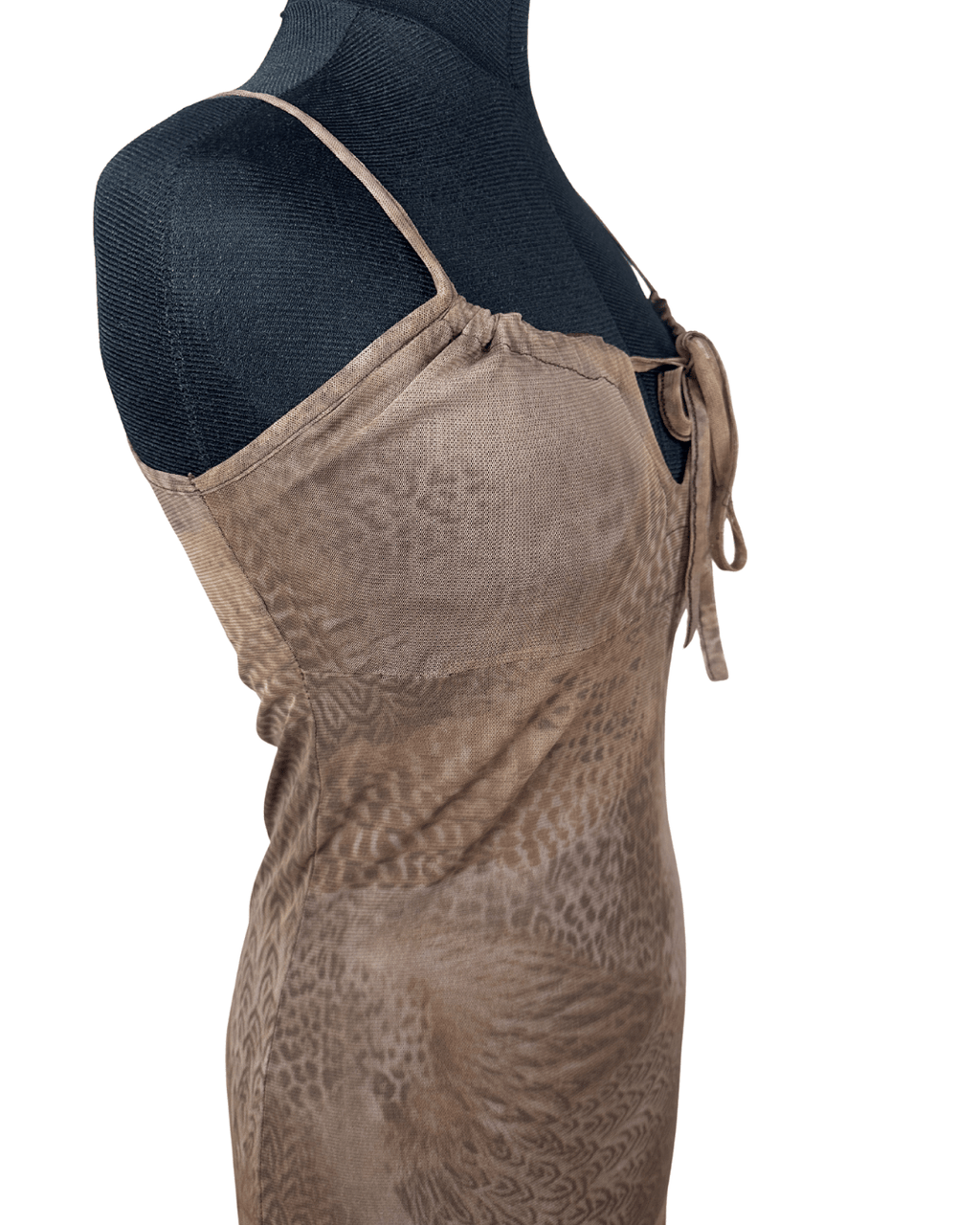 Y2K Feather Print Mesh Dress with Lettuce Hem - Small - Funkify