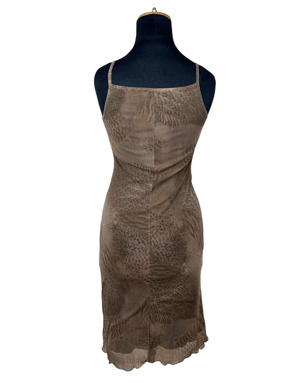 Y2K Feather Print Mesh Dress with Lettuce Hem - Small - Funkify