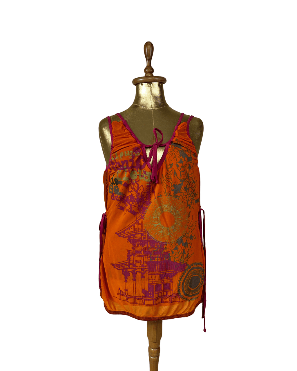 Y2K Fleur De Sel Graphic Top with Pink Tie and Sheer Overlay - Funkify