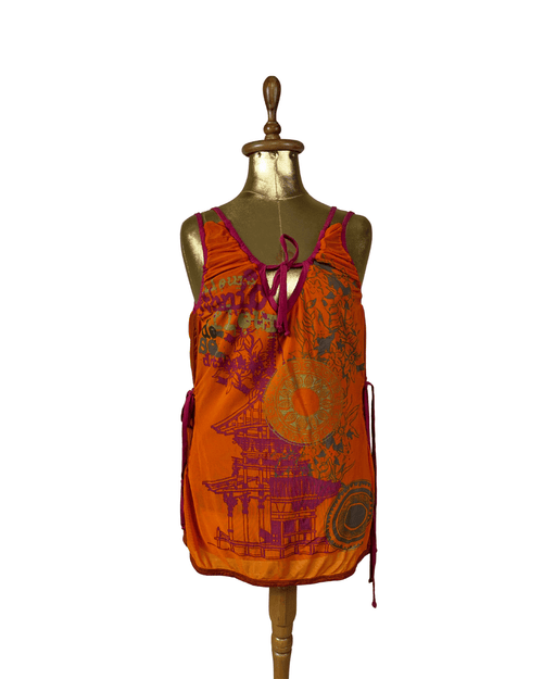 Y2K Fleur De Sel Graphic Top with Pink Tie and Sheer Overlay - Funkify