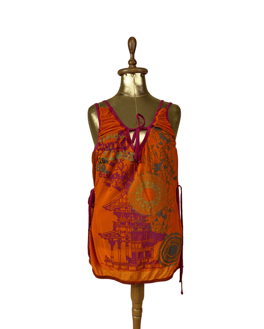 Y2K Fleur De Sel Graphic Top with Pink Tie and Sheer Overlay - Funkify