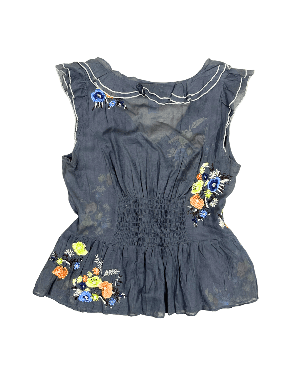 Y2K Ruffle Trim Embroidered Sheer Top - Funkify