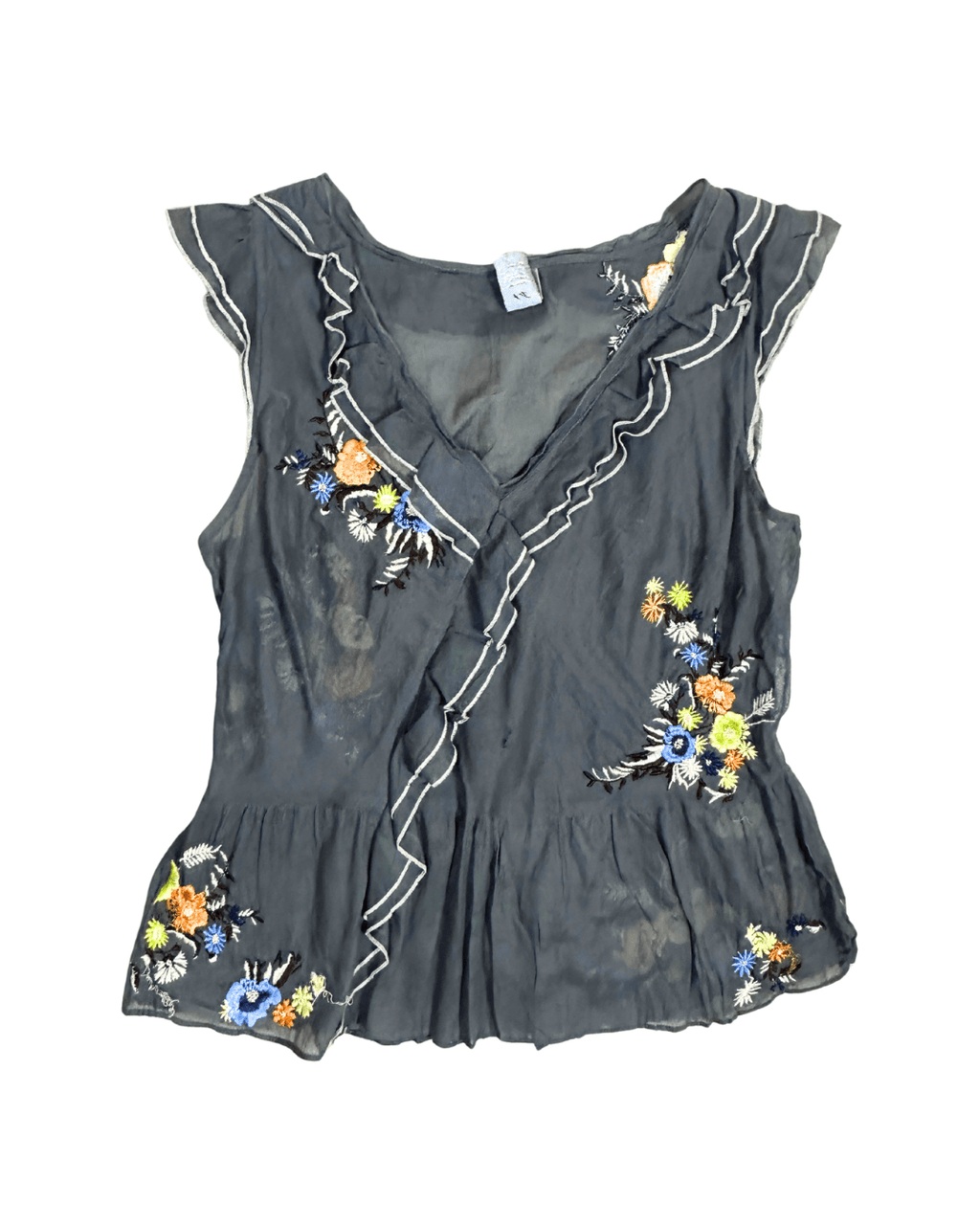 Y2K Ruffle Trim Embroidered Sheer Top - Funkify