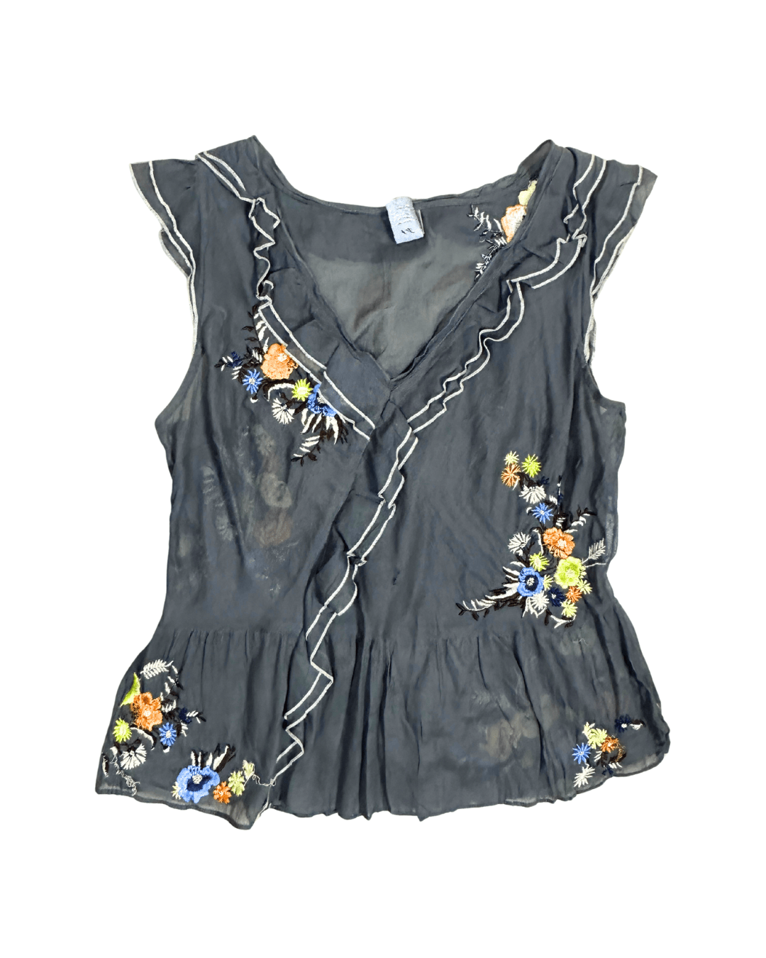 Y2K Ruffle Trim Embroidered Sheer Top - Funkify