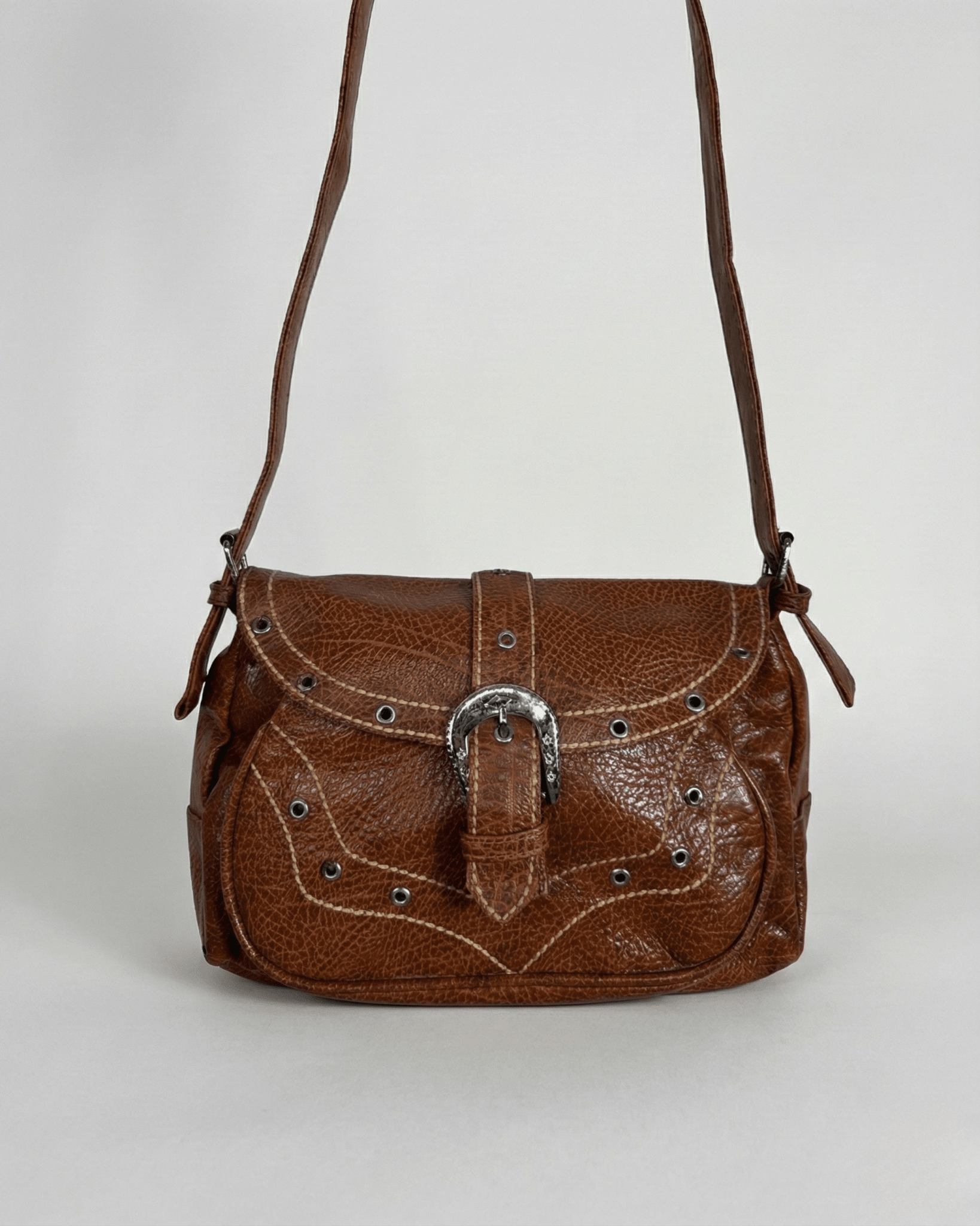 Y2K Western Grommet Buckle Leather Crossbody Bag - Funkify