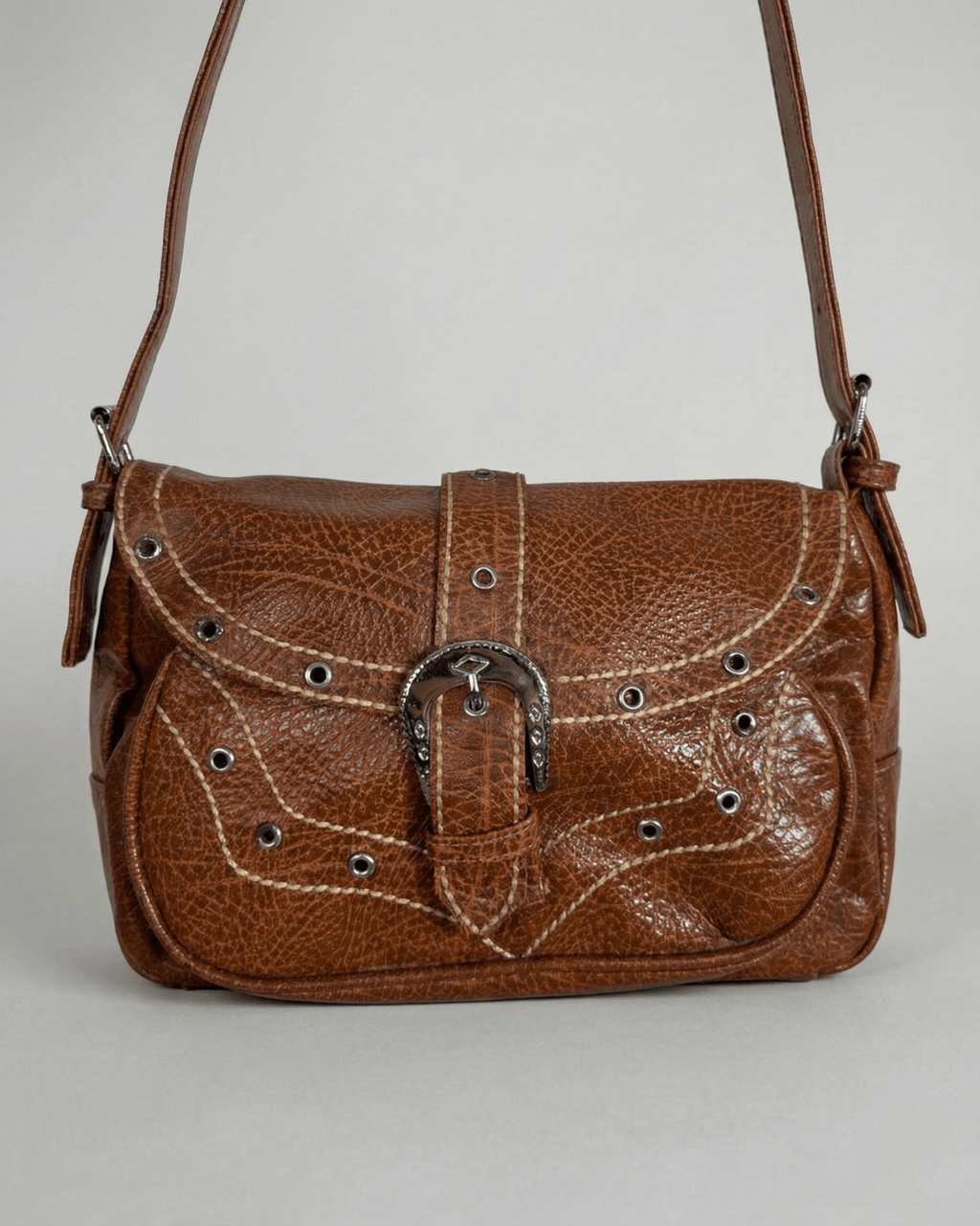 Y2K Western Grommet Buckle Leather Crossbody Bag - Funkify