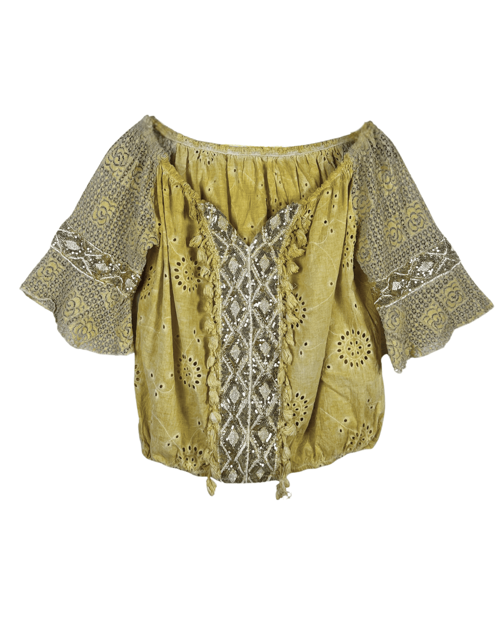 Yellow Embroidered Tassel Boho Top - Funkify