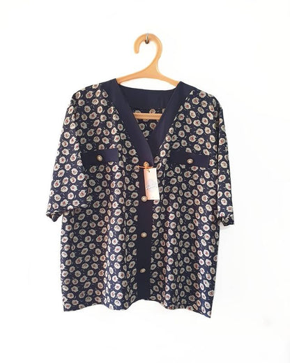 Vintage Navy Blue Foral Blouse