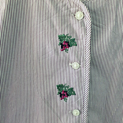 Vintage Puff Sleeve Striped Blouse with Flower Embroidery