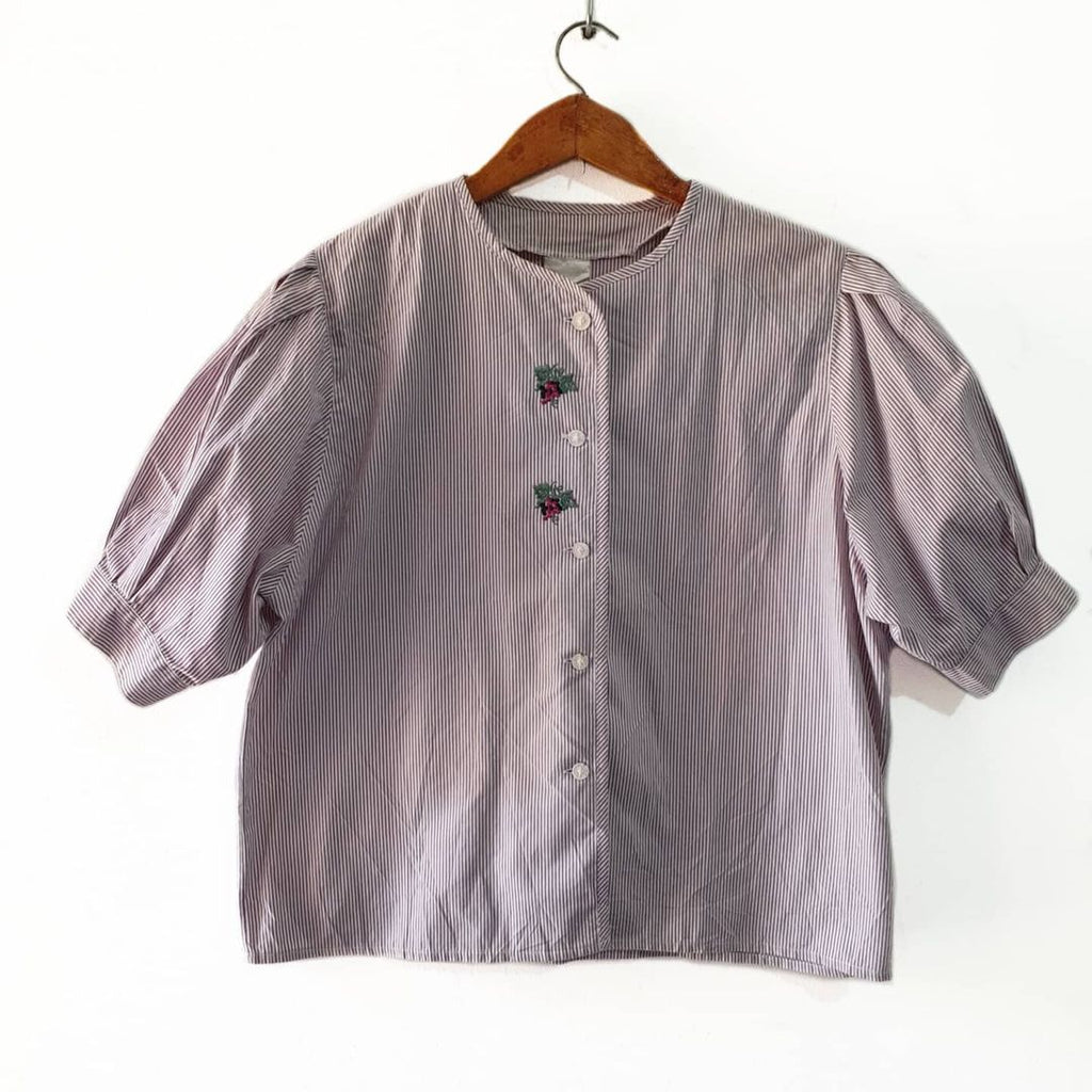 Vintage Puff Sleeve Striped Blouse with Flower Embroidery