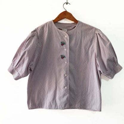 Vintage Puff Sleeve Striped Blouse with Flower Embroidery