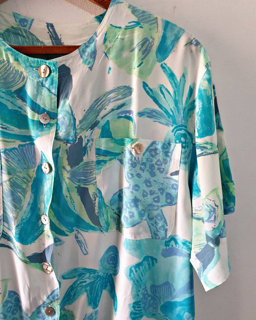 Turquoise floral print vintage blouse