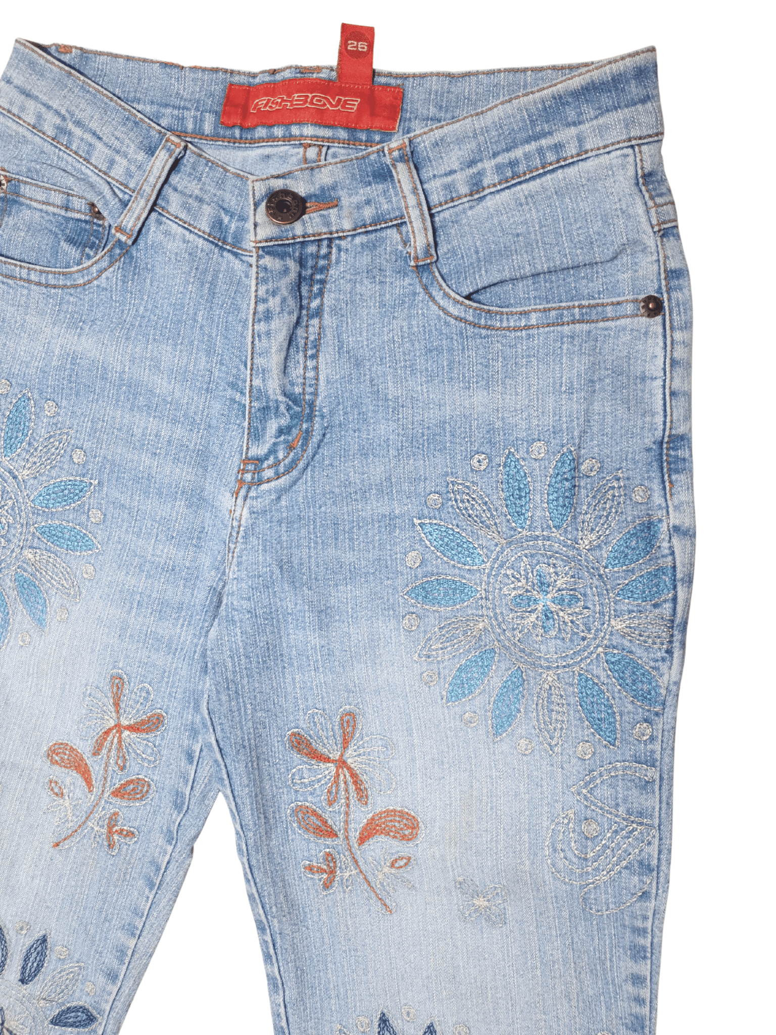 Vintage Y2K Fishbone All-Over Embroidered Flared Denim Jeans - Funkify